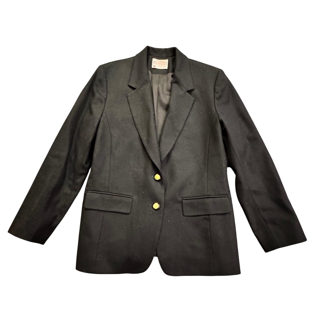 Pendleton Black Wool Blazer Petite Size 10 Gold Crest Button Made in USA Vintage